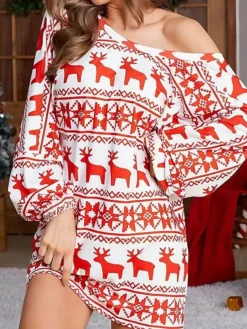 Women's Casual Dress Christmas Dress Sweatshirt Dress Animal Deer Backless Print Off Shoulder Bishop Sleeve Mini Dress Fashion Elegant Home Christmas Long Sleeve Loose Fit Red Green Fall Winter S M L