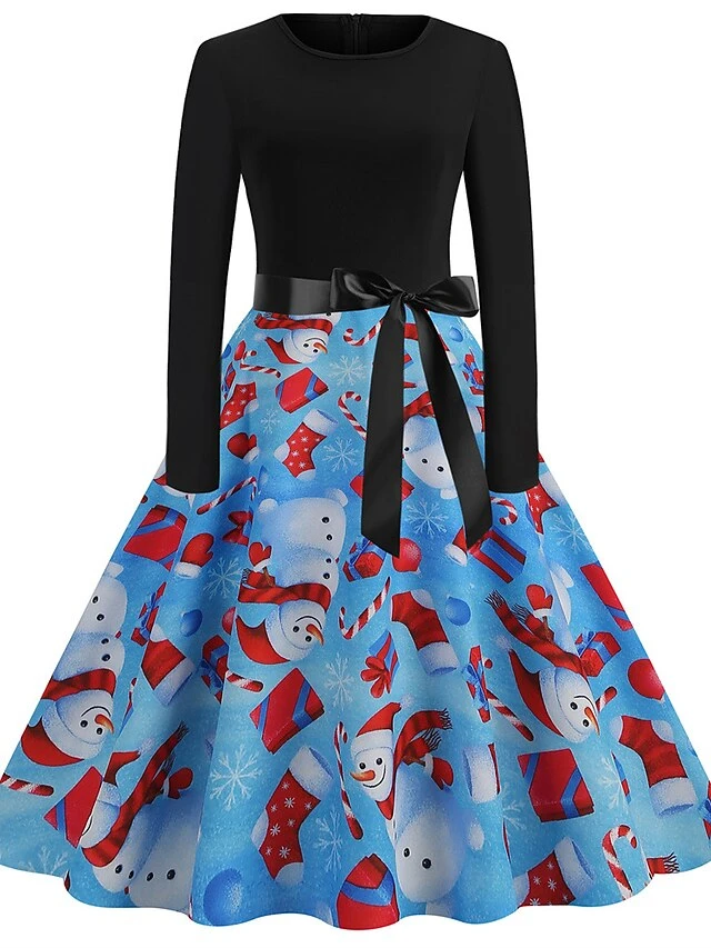 Women's Christmas Vintage Dress Green Black Light Red Red Light Blue Long Sleeve Print Print Winter Fall Crew Neck Vintage 2022 S M L XL 2XL 3XL 6 Women's Christmas Vintage Dress Green Black Light Red Red Light Blue Long Sleeve Print Print Winter Fall Crew Neck Vintage 2022 S M L XL 2XL 3XL - Image 6