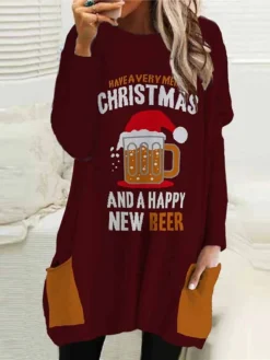 Women's Christmas Casual Dress T Shirt Dress Tee Dress Shift Dress Mini Dress Wine Red Long Sleeve Letter Pocket Winter Fall Autumn Crew Neck Fashion Daily Vacation Loose Fit 2022 S M L XL XXL 3XL -Fashion Life Shop fbyiew1667541482544