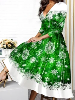 Women's Casual Dress Christmas Dress Winter Dress Snowflake Print V Neck Midi Dress Fashion Streetwear Outdoor Christmas 3/4 Length Sleeve Regular Fit Red Blue Green Fall Winter S M L XL XXL -Fashion Life Shop fcgdtf1697523905072