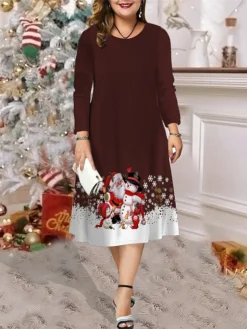Women's Christmas Plus Size Curve Casual Dress Skater Dress A Line Dress Santa Claus Snowman Midi Dress Long Sleeve Print Crew Neck Fashion Outdoor Black Wine Fall Winter L XL XXL 3XL 4XL -Fashion Life Shop fcnfnn1696838994759