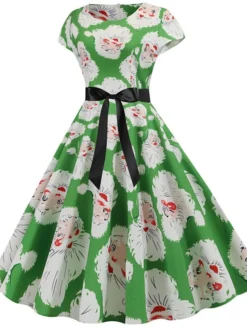 Women's Christmas Knee Length Dress Purple Wine Gray White Black Red Light Green Short Sleeve Print Bow Print Fall Winter Round Neck Casual Vintage2021 S M L XL XXL -Fashion Life Shop fdcqkn1630046098459