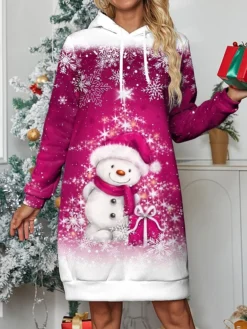 Women's Casual Dress Hoodie Dress Mini Dress Warm Fashion Outdoor Christmas Holiday Hoodie Print Snowman Snowflake Loose Fit Red Blue Sky Blue S M L XL XXL -Fashion Life Shop fduebn1696524109276