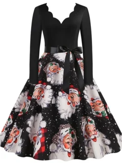 Women's Christmas Swing Dress Vintage DressKnee Length Dress Blue Red Navy Blue Black Long Sleeve Plaid Santa Claus Elk Bow Print Fall Winter V Neck Vacation Vintage 2022 S M L XL XXL 3XL -Fashion Life Shop feabvc1665293396273