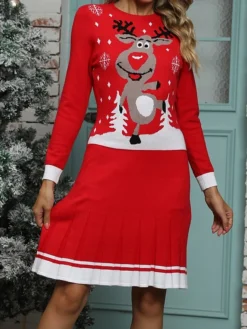 Women's Christmas Dress Sweater Dress Christmas Sweater Dress Midi Dress Ugly Graphic Tree Letter Outdoor Christmas Casual Holiday Crew Neck Long Sleeve 2023 Regular Fit White Wine Red S M L XL -Fashion Life Shop ffhmam1696925864184