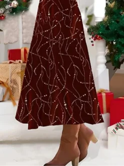 Women's Casual Dress Christmas Dress Winter Dress Geometric Print Crew Neck Midi Dress Fashion Streetwear Outdoor Christmas Long Sleeve Slim Wine Fall Winter S M L XL XXL -Fashion Life Shop ffvsdy1697015989553