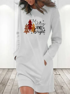 Women‘s Christmas Hoodie Dress Winter Dress Light Blue Grey White Long Sleeve Letter Tree Snowflake Pocket Print Winter Fall Crew Neck Stylish Casual Fall Dress Loose Fit 2022 S M L XL 2XL -Fashion Life Shop fhjmof1666430318400