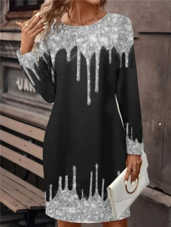 Women's Casual Dress Christmas Dress Winter Dress Christmas Tree Print Crew Neck Mini Dress Fashion Streetwear Outdoor Christmas Long Sleeve Loose Fit Silver Yellow Gold Fall Winter S M L XL XXL -Fashion Life Shop fhpchh1696837883177