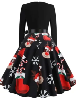 Women's Christmas Retro 1950s Vintage Dress Midi Dress Party Ruched Bow Fruit V Neck Long Sleeve Regular Fit Fall Winter 2023 Deep Green Black S M L XL -Fashion Life Shop fhuium1695363818826
