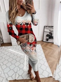 Women's Christmas Dress Sweater Dress Jumper Dress Midi Dress Warm Plaid Snowflake Outdoor Christmas Daily Holiday V Neck Long Sleeve 2023 Regular Fit Wine Blue Sky Blue S M L XL XXL 3XL