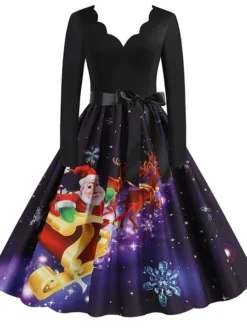 Women's Christmas Party Dress Knee Length Dress Purple Royal Blue Dark Blue Red Black Long Sleeve Elk Tree Bell Bow Print Fall Winter V Neck Vintage Elegant Party 2022 -Fashion Life Shop fjhzio1663151843467