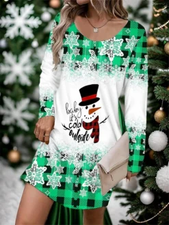 Women's Casual Dress Christmas Dress T Shirt Dress Tee Dress Plaid Snowman Print V Neck Mini Dress Fashion Streetwear Outdoor Christmas Long Sleeve Loose Fit Red Blue Green Fall S M L XL XXL -Fashion Life Shop fjzspy1695381398899