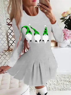 Women's Christmas Swing DressShort Mini Dress Green Dark Blue Red Gray Black Long Sleeve Letter Santa Claus Snowman Pleated Print Fall Winter Crew Neck Stylish Romantic 2022 S M L