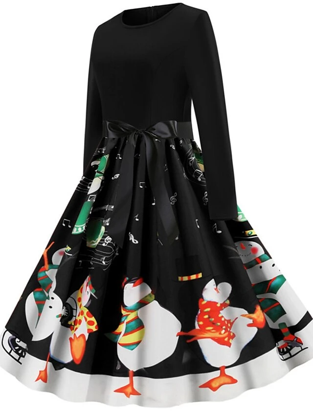 Women's Christmas Knee Length Dress Blue Purple Wine Gray Green Black Red Light Blue Long Sleeve Print Bow Print Fall Winter Round Neck Casual Vintage2021 S M L XL XXL 16 Women's Christmas Knee Length Dress Blue Purple Wine Gray Green Black Red Light Blue Long Sleeve Print Bow Print Fall Winter Round Neck Casual Vintage2021 S M L XL XXL - Image 16