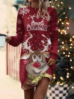 Women's Casual Dress Sweatshirt Dress Mini Dress Warm Fashion Outdoor Christmas Vacation Crew Neck Print Deer Loose Fit Red S M L XL XXL