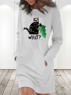 Women‘s Christmas Hoodie Dress Winter Dress Light Blue Grey White Long Sleeve Cat Tree Pocket Print Winter Fall Crew Neck Stylish Casual Fall Dress Loose Fit 2022 S M L XL 2XL / Cotton -Fashion Life Shop fkscft1666258093733