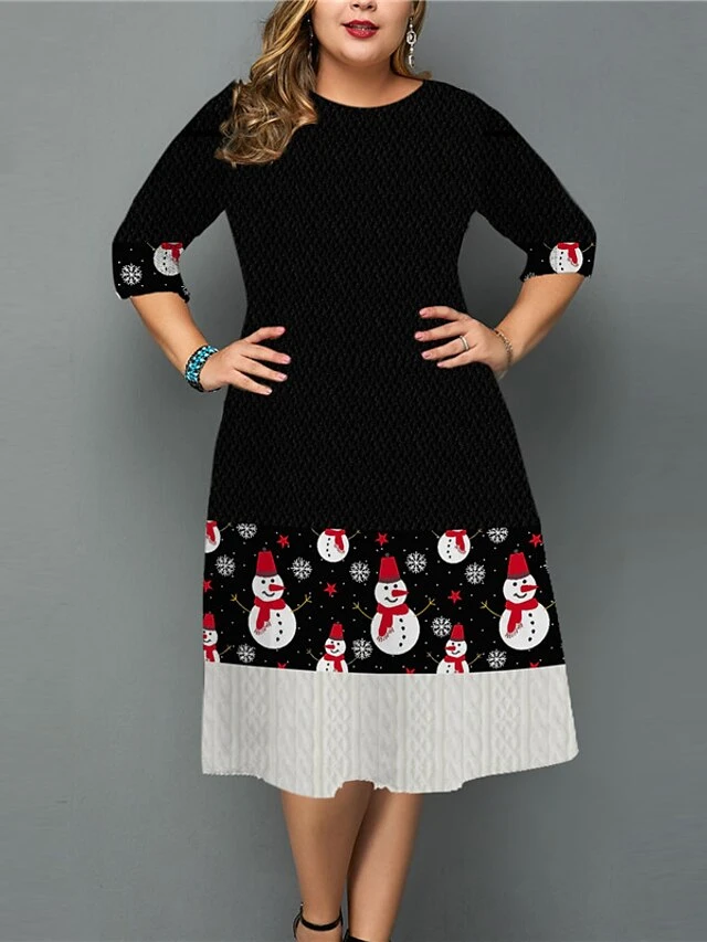 Women's Plus Size Christmas Work Dress Snowman Crew Neck Print 3/4 Length Sleeve Fall Winter Work Elegant Knee Length Dress 1 Women's Plus Size Christmas Work Dress Snowman Crew Neck Print 3/4 Length Sleeve Fall Winter Work Elegant Knee Length Dress