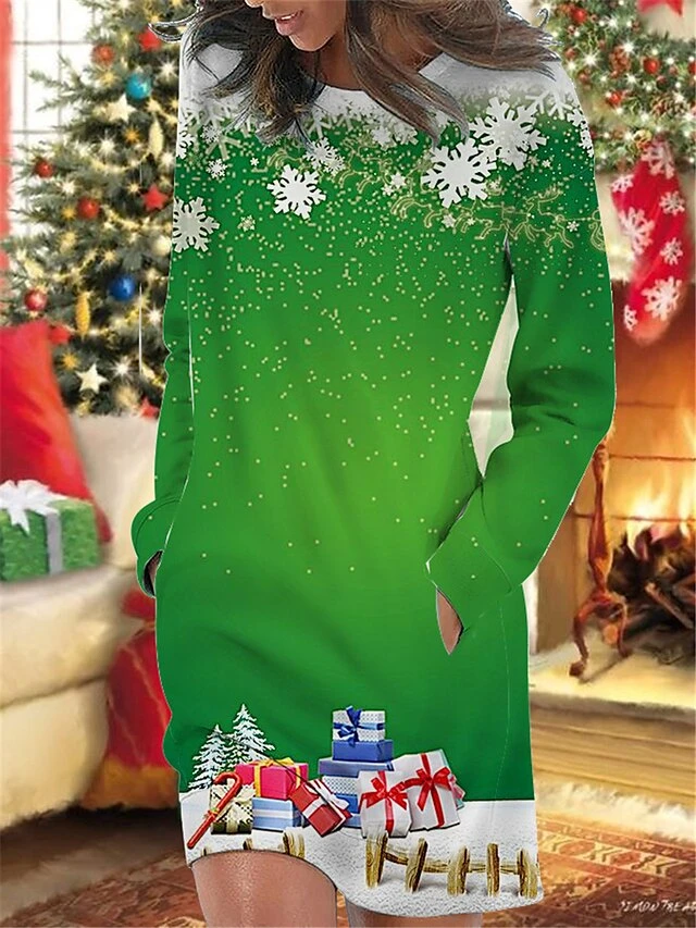 Women's Christmas Casual Dress Sweatshirt Dress Mini Dress Warm Fashion OutdoorHoliday Crew Neck Pocket Print Snowflake Loose Fit Wine Blue Green S M L XL XXL 1 Women's Christmas Casual Dress Sweatshirt Dress Mini Dress Warm Fashion OutdoorHoliday Crew Neck Pocket Print Snowflake Loose Fit Wine Blue Green S M L XL XXL
