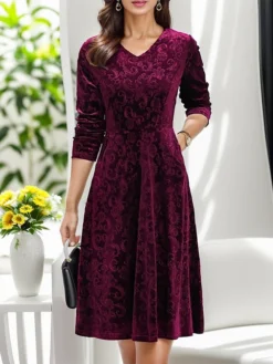 Women's Christmas Dress Casual Dress Velvet Dress Midi Dress Pocket Outdoor Christmas Street Fashion Elegant V Neck Long Sleeve 2023 Loose Fit Black Wine Blue Color XL XXL 3XL 4XL 5XL Size