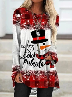 Women's Casual Dress Christmas Dress T Shirt Dress Tee Dress Snowman Snowflake Print Crew Neck Mini Dress Fashion Streetwear Outdoor Christmas Long Sleeve Loose Fit Red Green Fall Winter S M L XL XXL -Fashion Life Shop fmslyc1695310176289