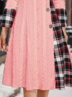 Women's Casual Dress Christmas Dress Sweater Dress Plaid Button Fake Two Piece Cowl Neck Midi Dress Fashion Streetwear Outdoor Christmas Long Sleeve Regular Fit Pink Fall Winter S M L XL XXL -Fashion Life Shop fnofyc1697186762386