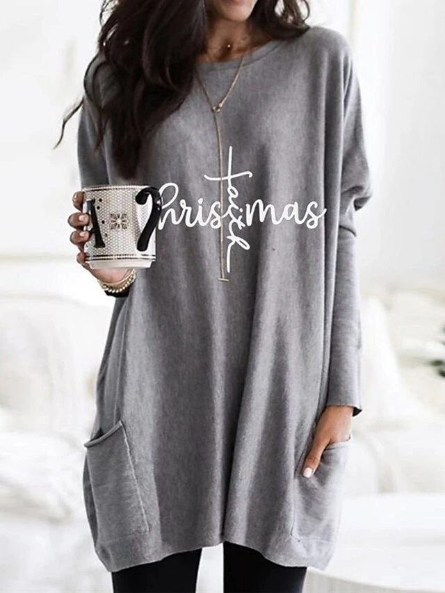 Women's Christmas Casual Dress T Shirt Dress Tee Dress Shift Dress Mini Dress Green Wine Dark Gray Long Sleeve Letter Pocket Winter Fall Autumn Crew Neck Fashion Daily Date Loose Fit 2022 XXS XS S M 3 Women's Christmas Casual Dress T Shirt Dress Tee Dress Shift Dress Mini Dress Green Wine Dark Gray Long Sleeve Letter Pocket Winter Fall Autumn Crew Neck Fashion Daily Date Loose Fit 2022 XXS XS S M - Image 3