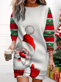 Women's Christmas Casual Dress Sweatshirt Dress Mini Dress Warm Fashion Outdoor Vacation Crew Neck Print Santa Claus Loose Fit ArmyGreen Light Green Wine S M L XL XXL -Fashion Life Shop foxzkl1695377417138