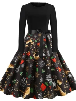 Women's Christmas Casual Dress Knee Length Dress Black Long Sleeve SnowflakeTree Animal Bow Print Fall Winter Crew Neck Stylish Casual Modern 2022 S M L XL XXL