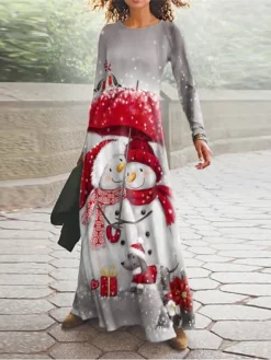 Women's Christmas Casual Dress Swing Dress Blue Gray White Long Sleeve Snowman Tree Pocket Print Winter Fall V Neck Vacation Casual Fall Dress 2022 S M L XL XXL 3XL / Winter Dress -Fashion Life Shop fpaksd1666173385700