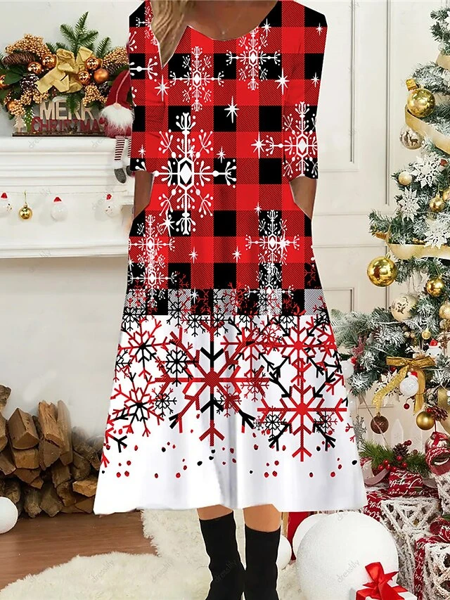 Women's Christmas Casual Dress Shift Dress Midi Dress Midi Dress Green Blue Wine 3/4 Length Sleeve Plaid Ruched Winter Fall Autumn Round Neck Fashion Daily 2022 S M L XL XXL 3XL 4 Women's Christmas Casual Dress Shift Dress Midi Dress Midi Dress Green Blue Wine 3/4 Length Sleeve Plaid Ruched Winter Fall Autumn Round Neck Fashion Daily 2022 S M L XL XXL 3XL - Image 4