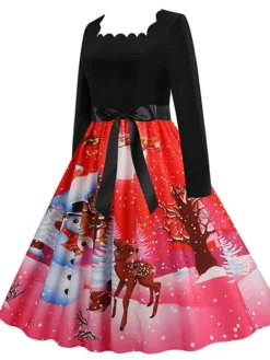 Women's Christmas Casual Dress Vintage Dress Midi Dress Black Blue Wine Long Sleeve Santa Claus Bow Winter Fall Spring Square Neck Vacation Christmas Daily Vacation 2022 S M L XL XXL 3XL -Fashion Life Shop frvndm1667637132629