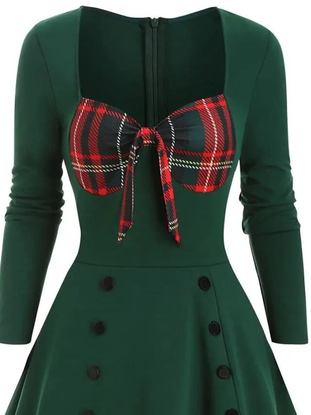 Women‘s Christmas Swing Dress Plaid Dress Vintage Dress Midi Dress Green Long Sleeve Plaid Button Winter Fall Spring Square Neck Modern Vacation 2022 S M L XL XXL 3XL 2 Women‘s Christmas Swing Dress Plaid Dress Vintage Dress Midi Dress Green Long Sleeve Plaid Button Winter Fall Spring Square Neck Modern Vacation 2022 S M L XL XXL 3XL - Image 2