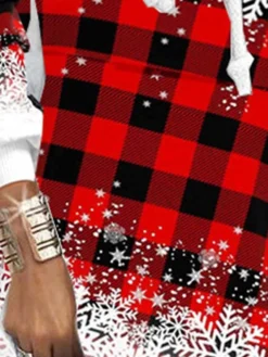 Women's Christmas Hoodie Dress Shift Dress Mini Dress Blue Wine Red Long Sleeve Plaid Snowflake Print Winter Fall Hooded Vacation Casual 2022 S M L XL XXL 3XL -Fashion Life Shop frztys1667287118217