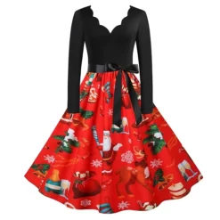 Women's Christmas Swing Dress Trumpet / Mermaid DressKnee Length Dress Black Long SleeveSnowman Zipper Bow Print Fall Winter V Neck Elegant HolidayParty 2022 S M L XL XXL XXXL