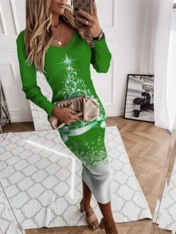 Women's Christmas Dress Sweater Dress Jumper Dress Midi Dress Warm Christmas Tree Snowflake Outdoor Christmas Daily Holiday V Neck Long Sleeve 2023 Regular Fit Wine Blue Green S M L XL XXL 3XL -Fashion Life Shop fsmzmh1697450793561