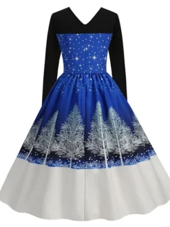 Women's Christmas Swing Dress Vintage DressKnee Length Dress Blue Royal Blue Light Blue Black Long Sleeve Santa Claus Elk Snowman Print Fall Winter Crew Neck Vacation Vintage 2022 S M L XL XXL 3XL -Fashion Life Shop ftuzzn1665293394304
