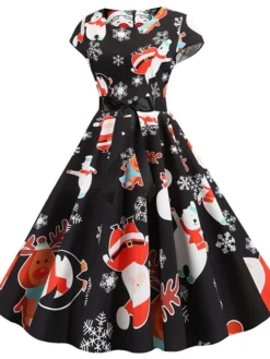 Women's Christmas Knee Length Dress Purple Wine Gray White Black Red Light Green Short Sleeve Print Bow Print Fall Winter Round Neck Casual Vintage2021 S M L XL XXL -Fashion Life Shop ftwxil1630046094398