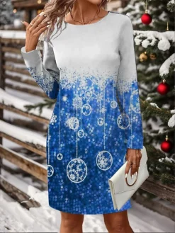 Women's Christmas Dress Casual Dress Mini Dress Active Fashion Outdoor Christmas Holiday Crew Neck Print Snowflake Deer Loose Fit Wine Red Blue S M L XL XXL -Fashion Life Shop ftxxqk1697106815941
