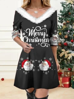 Women's Casual Dress Christmas Dress Winter Dress Letter Santa Claus Print V Neck Mini Dress Active Fashion Outdoor Christmas Long Sleeve Regular Fit Black Wine Blue Fall Winter S M L XL XXL -Fashion Life Shop fuoisq1697524006538