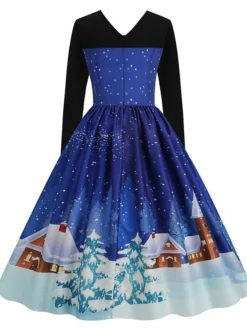 Women's Christmas Swing Dress Vintage DressKnee Length Dress Blue Royal Blue Light Blue Black Long Sleeve Santa Claus Elk Snowman Print Fall Winter Crew Neck Vacation Vintage 2022 S M L XL XXL 3XL -Fashion Life Shop fuoxrr1665293399531