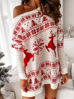 Women‘s Christmas Sweater Dress Jumper Dress Winter Dress Fashion Ugly Christmas Outdoor Christmas Daily Going Out Crew Neck Long Sleeve Patchwork 2023 Loose Fit White Red S M L XL -Fashion Life Shop fuvkma1694602154476
