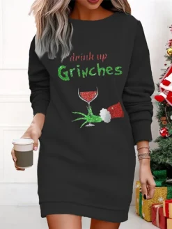 Women's Casual Dress Sweatshirt Dress Mini Dress Warm Fashion Outdoor Christmas Vacation Crew Neck Print Geometric Print Monster Loose Fit Black Wine Red S M L XL XXL -Fashion Life Shop fvjnow1695365302036