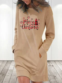 Women‘s Christmas Hoodie Dress Winter Dress Light Blue Grey White Long Sleeve Letter Tree Snowflake Pocket Print Winter Fall Crew Neck Stylish Casual 2022 S M L XL 2XL / Cotton -Fashion Life Shop fvnvmq1668079036359