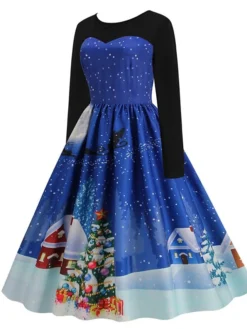 Women's Christmas Swing Dress Vintage DressKnee Length Dress Blue Royal Blue Light Blue Black Long Sleeve Santa Claus Elk Snowman Print Fall Winter Crew Neck Vacation Vintage 2022 S M L XL XXL 3XL -Fashion Life Shop fvpvqb1665293399234