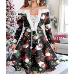Women's Christmas Swing Dress Vintage Dress Mini Dress Green Light Green Wine Red Navy Blue White Long Sleeve Snowman Tree Snowflake Backless Feather Print Winter Fall Off Shoulder Vacation Stylish -Fashion Life Shop fvvcjw1667977595633