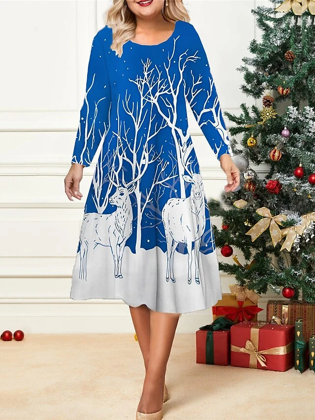 Women's Christmas Plus Size Curve Casual Dress Skater Dress A Line Dress Elk Midi Dress Long Sleeve Print Crew Neck Fashion Outdoor Black Wine Fall Winter L XL XXL 3XL 4XL 2 Women's Christmas Plus Size Curve Casual Dress Skater Dress A Line Dress Elk Midi Dress Long Sleeve Print Crew Neck Fashion Outdoor Black Wine Fall Winter L XL XXL 3XL 4XL - Image 2