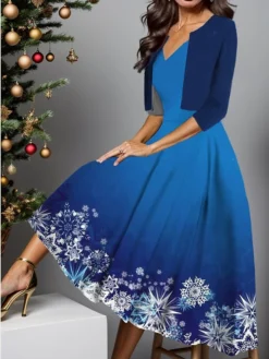 Women's Two Piece Dress Set Casual Dress Swing Dress Outdoor Christmas Fashion Elegant Print Midi Dress V Neck Half Sleeve Snowflake Regular Fit Wine Navy Blue Blue Fall Winter S M L XL XXL