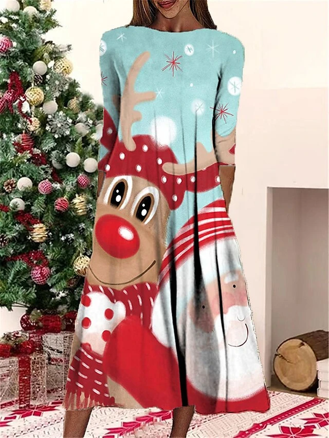 Women's Christmas Casual Dress Shift Dress Midi Dress Blue Light Green Dark Blue 3/4 Length Sleeve Elk Ruched Winter Fall Autumn Fashion Daily 2022 S M L XL XXL 3XL 2 Women's Christmas Casual Dress Shift Dress Midi Dress Blue Light Green Dark Blue 3/4 Length Sleeve Elk Ruched Winter Fall Autumn Fashion Daily 2022 S M L XL XXL 3XL - Image 2