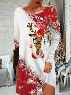 Women's Christmas Casual Dress T Shirt Dress Tee Dress Mini Dress Blue Purple Light Red Light Blue White Long Sleeve Letter Elk Snowflake Pocket Print Winter Fall Crew Neck Vacation Casual 2022 S M L -Fashion Life Shop fxbdrr1666761975520