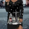 Women's Casual Dress Christmas Dress T Shirt Dress Tee Dress Snowman Christmas Tree Print V Neck Mini Dress Fashion Streetwear Outdoor Christmas Long Sleeve Loose Fit Black And White Black White Fall